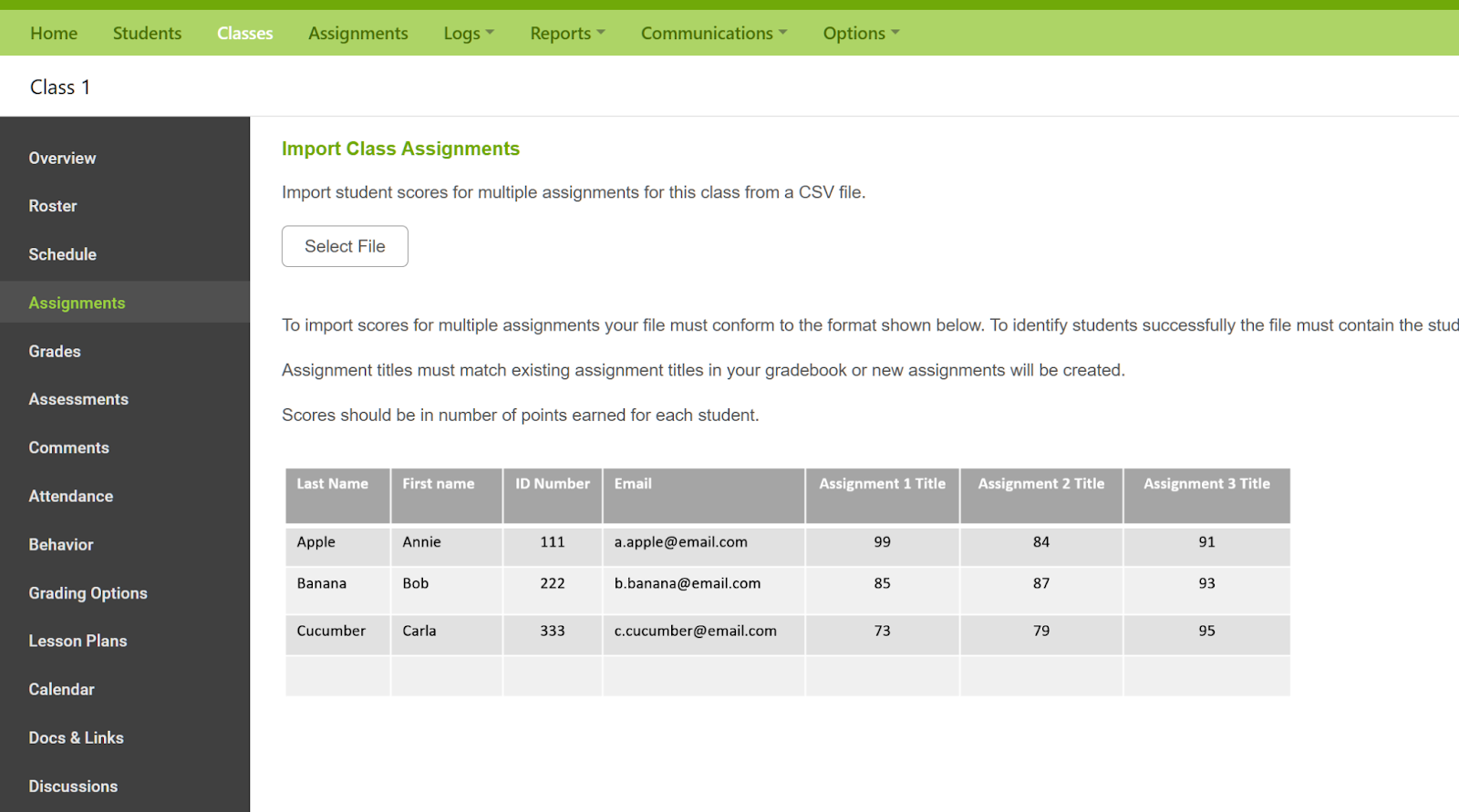 Interface view of iGradePlus’ gradebook