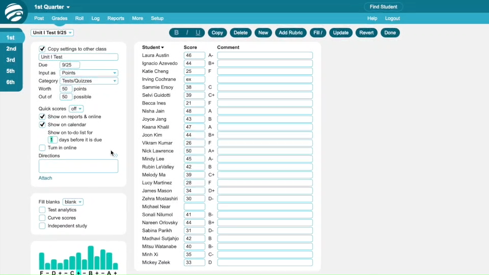 Interface view of Jupiter Ed’s gradebook