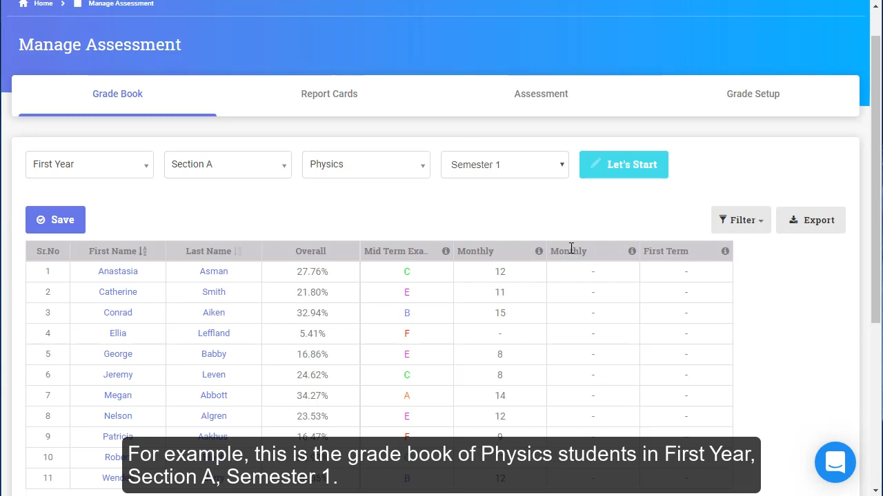 Interface view of Classe365’s gradebook