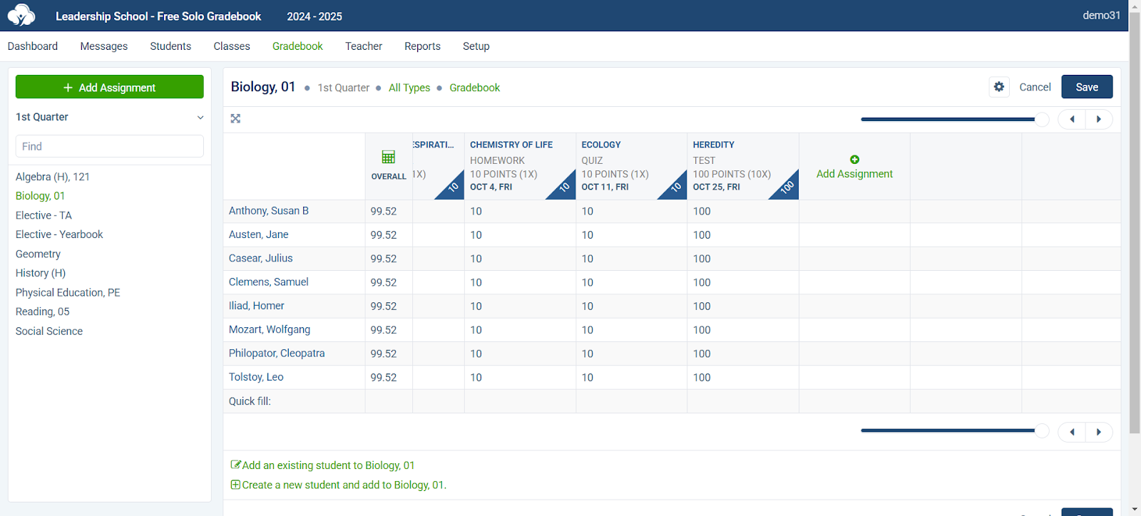  Interface view of ThinkWave’s gradebook