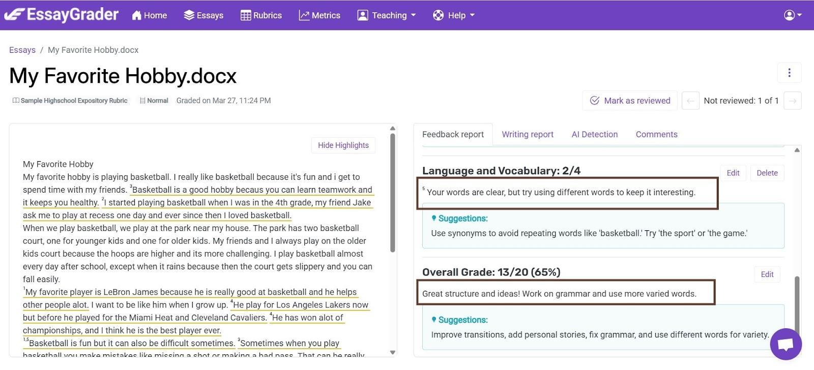 EssayGrader feedback report showing a student essay graded with language tips, vocabulary score, and overall suggestions