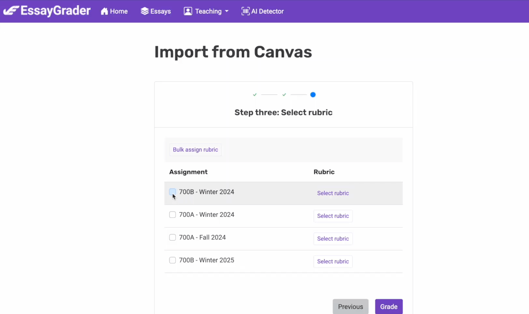 EssayGrader AI Canvas LMS import showing step three rubric selection screen