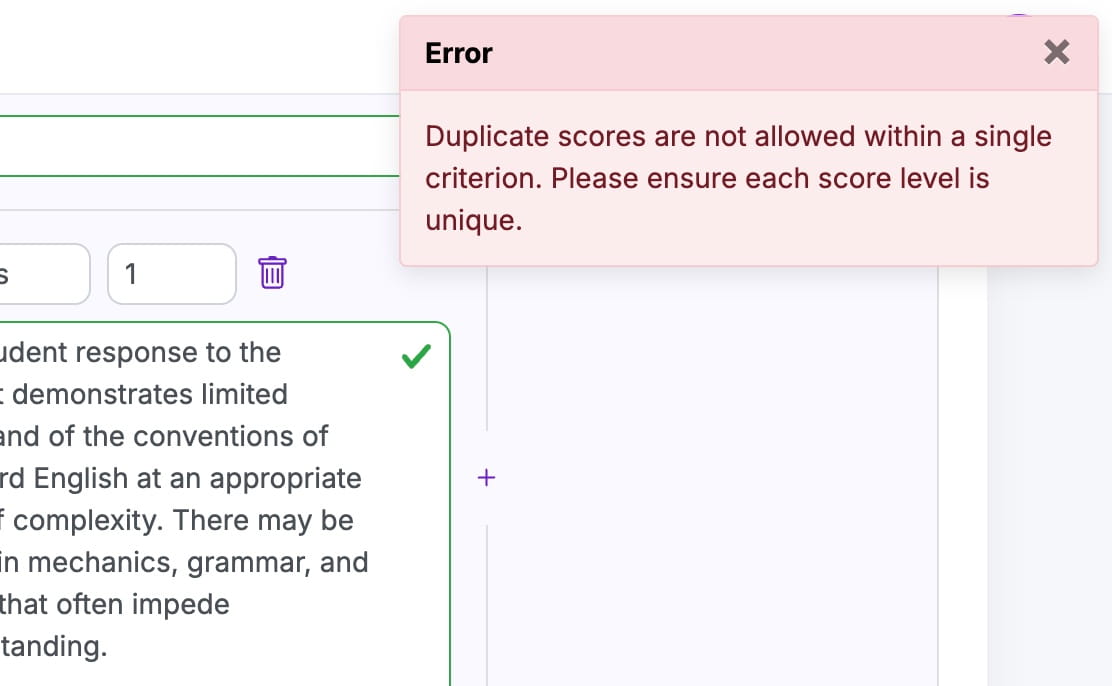 EssayGrader AI rubric validation showing clear error indicators to prevent grading setup issues