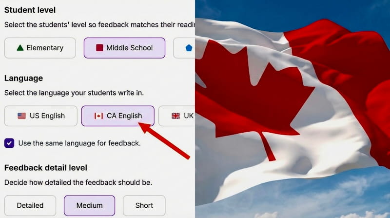 EssayGrader AI Canadian English language support for region appropriate grading and feedback