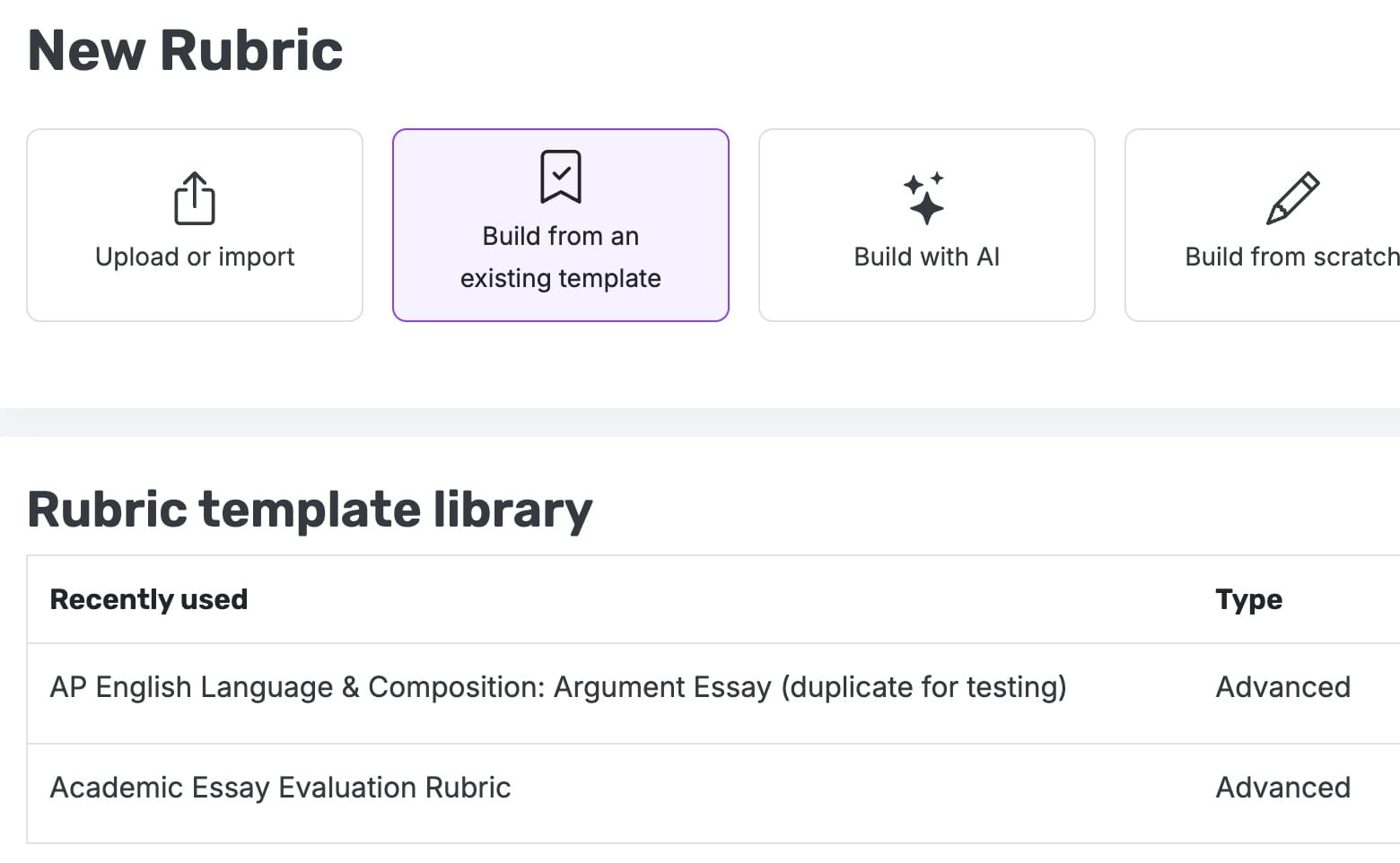 EssayGrader AI rubric library showing recently used rubrics section for faster access