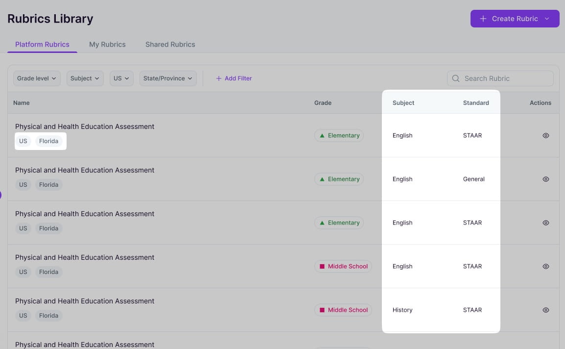 EssayGrader AI enhanced rubric library showing state, standard, and subject columns for easier rubric discovery