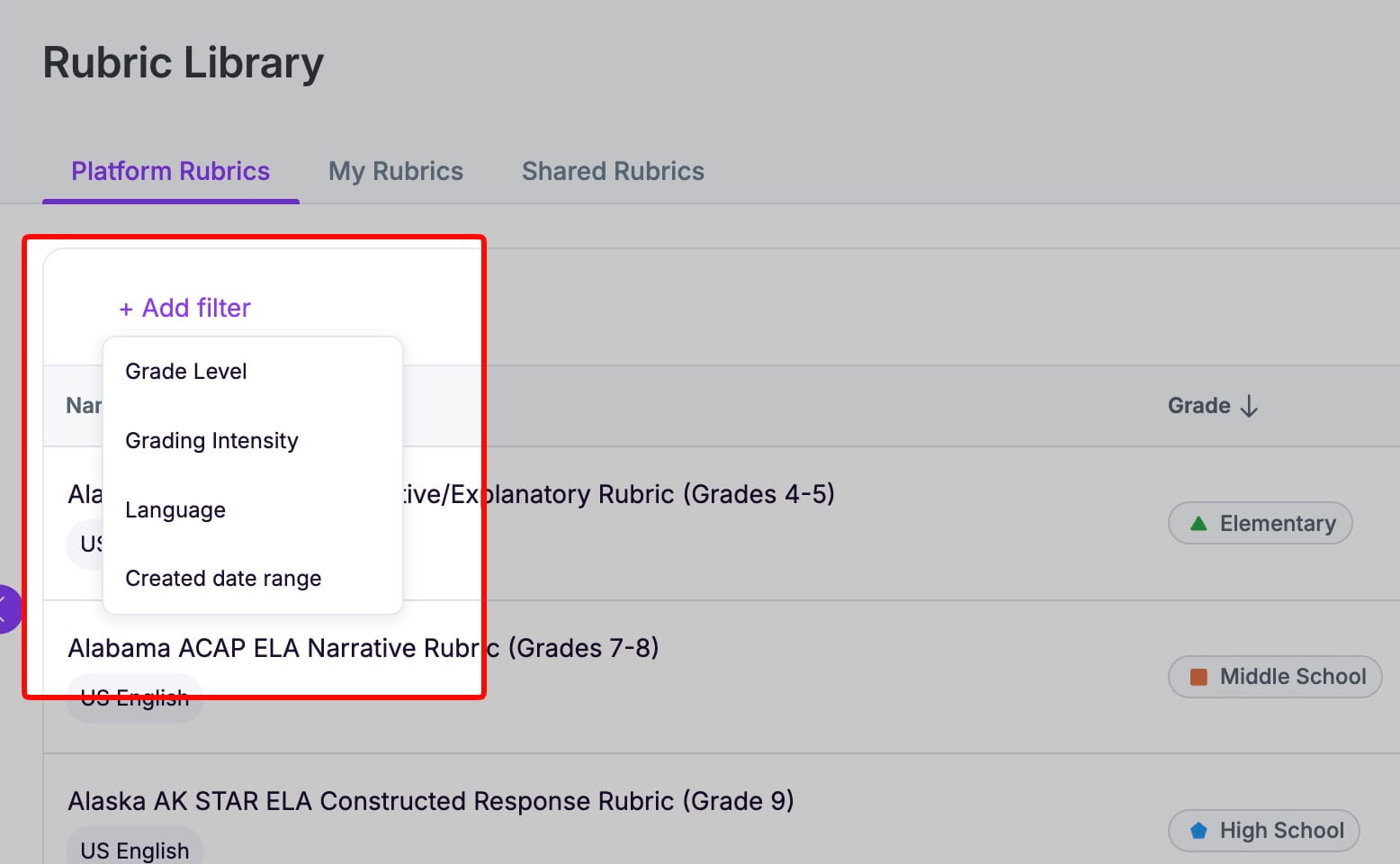 EssayGrader AI rubric library showing filters for grade, subject, language, intensity, and creation date