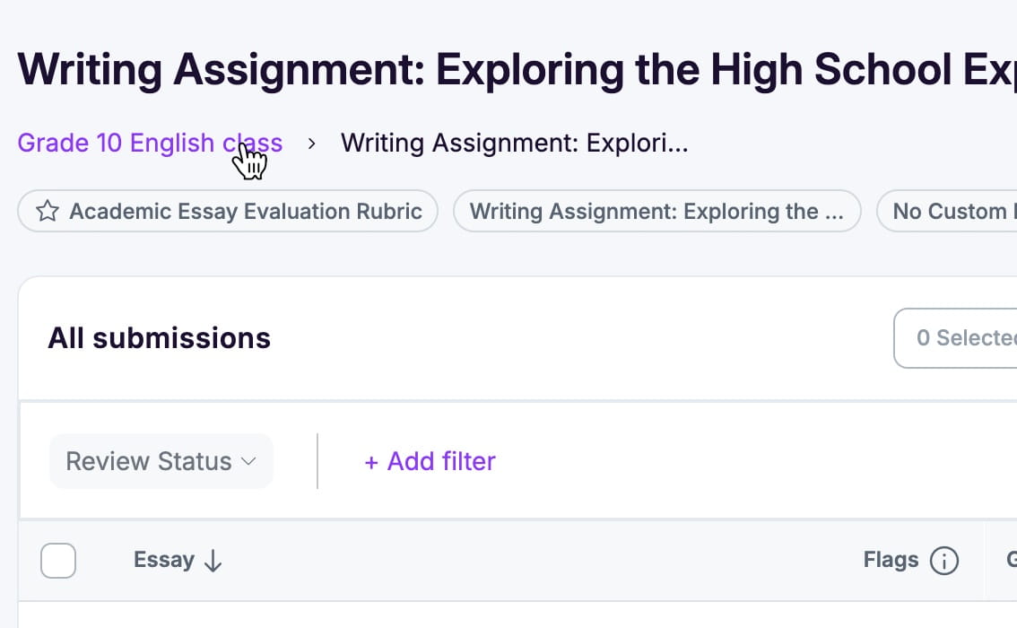 EssayGrader AI navigation showing fully clickable breadcrumbs for easier movement between folders and assignments