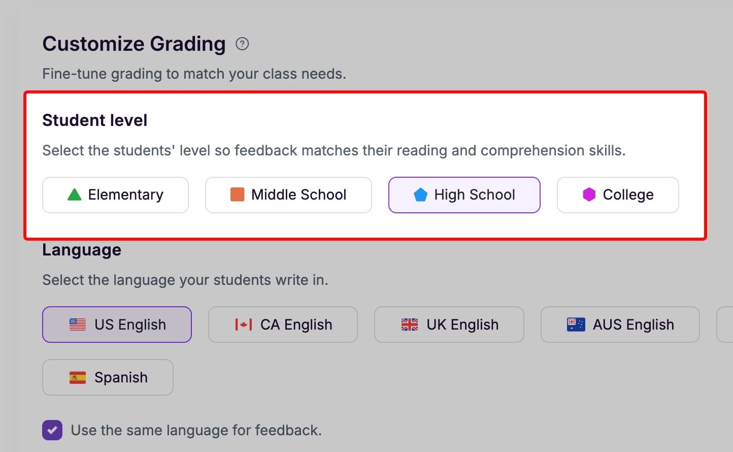 EssayGrader AI feedback tone adjustment by student level for age appropriate comments