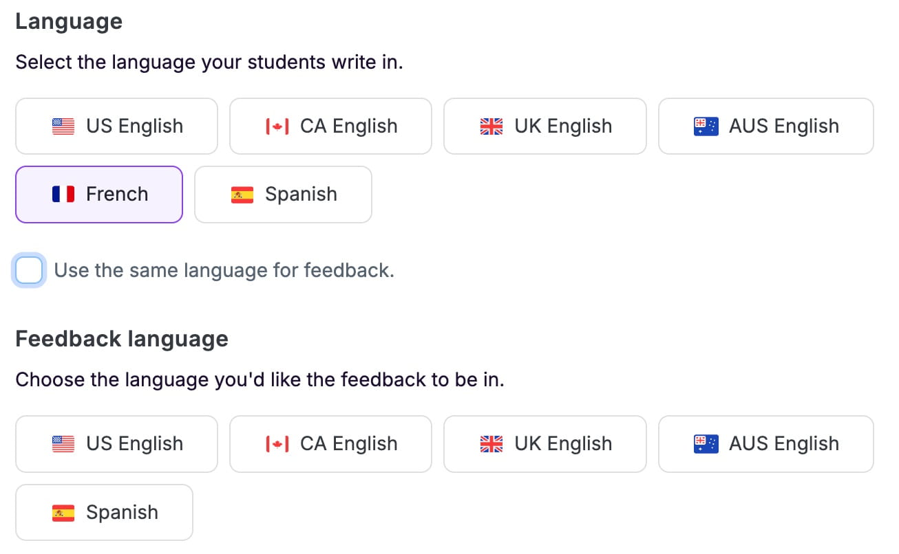 EssayGrader AI language selection screen supporting US English, Canadian English, UK English, Australian English, French, and Spanish for grading and feedback