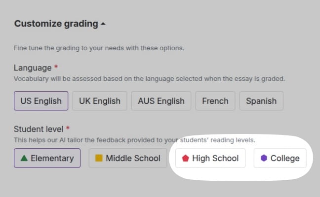 EssayGrader AI student grade level selection showing high school and college separation for precise grading