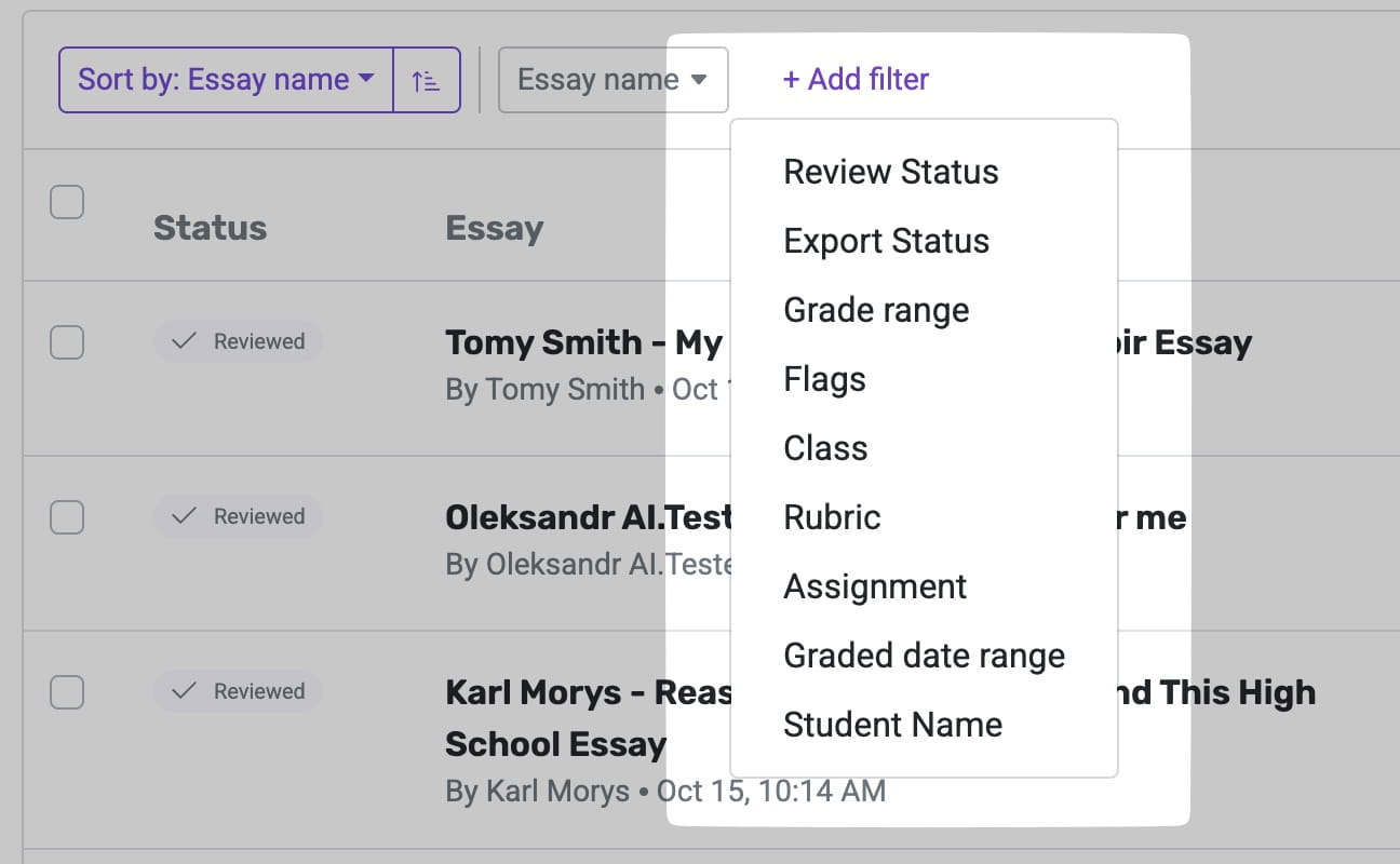 EssayGrader AI smarter essay filtering showing AI flags and grade range filter options