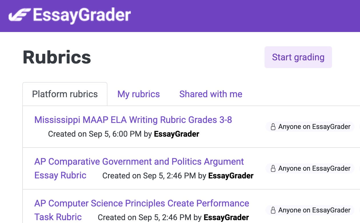 EssayGrader AI rubrics page showing direct start grading button for new assignments