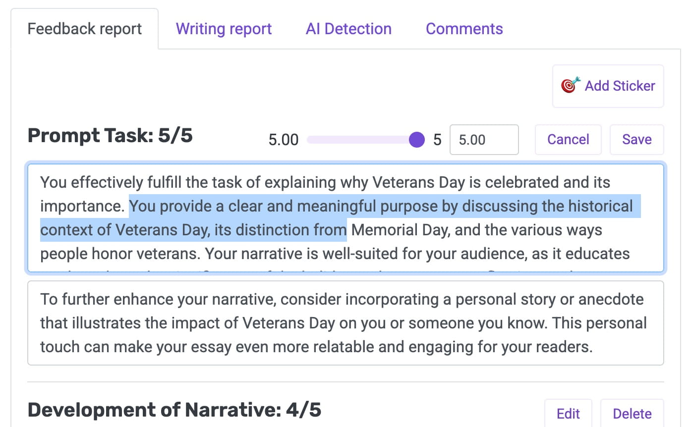 EssayGrader AI feedback report editing feature for customizing tone