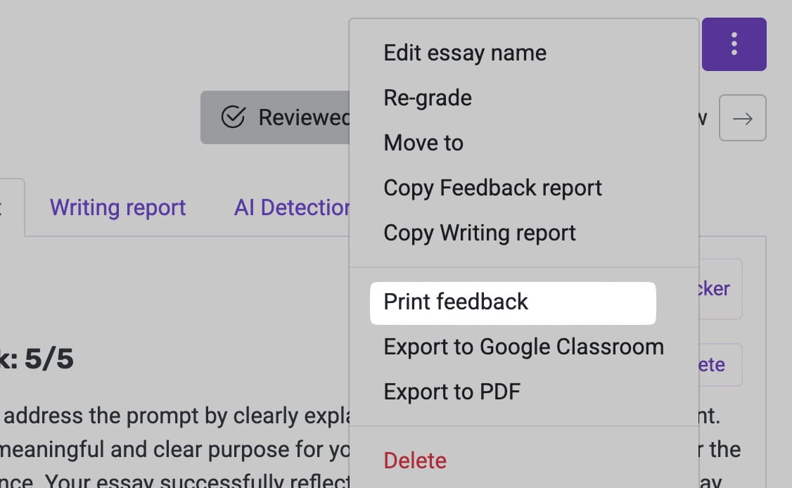 EssayGrader AI print feedback report feature for direct printing without extra steps