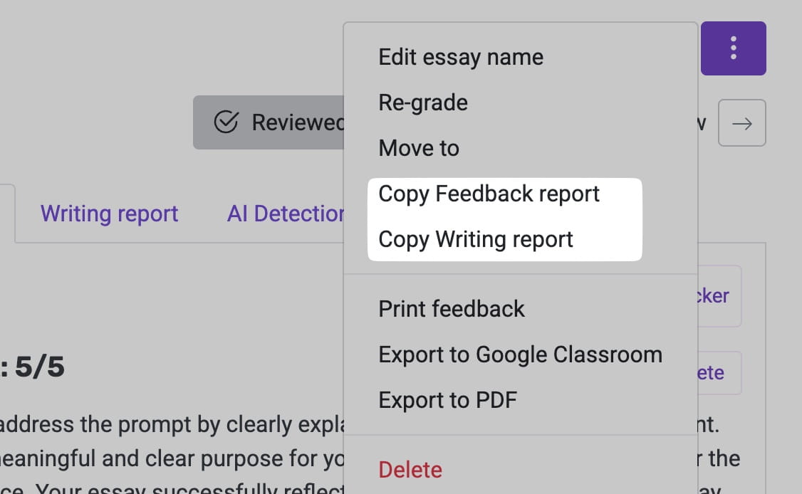 EssayGrader AI copy feedback feature for sharing or saving formatted feedback and writing reports