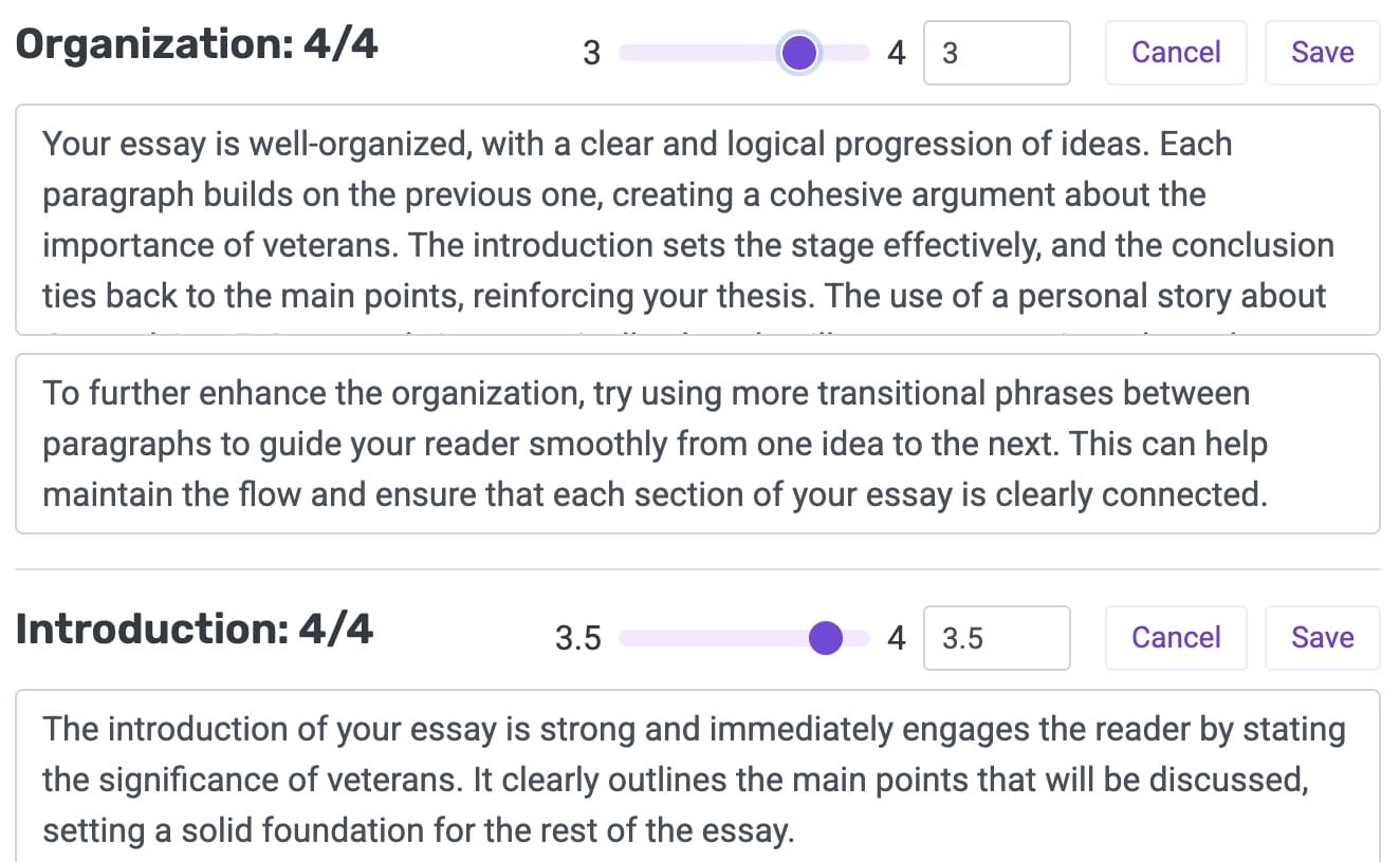 EssayGrader AI direct grade editing feature for fine tuning scores within the report view