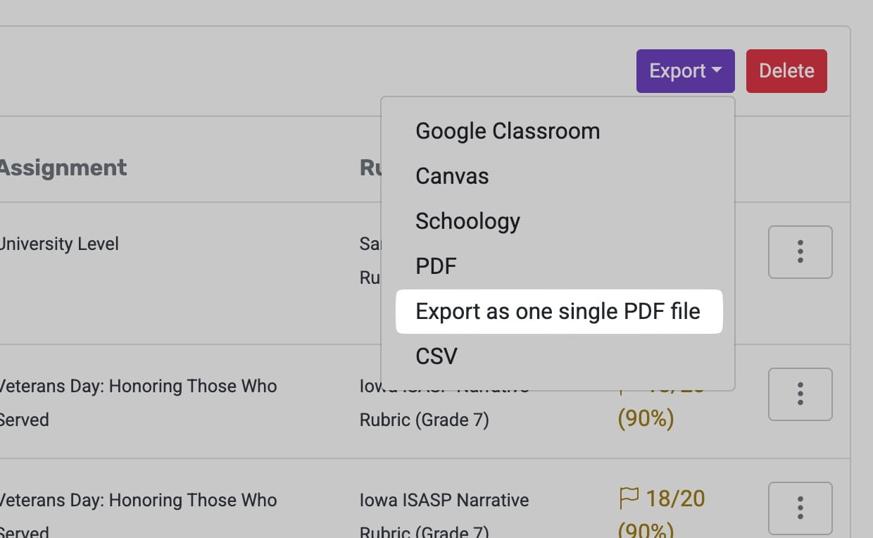 EssayGrader AI feature showing all student feedback reports exported as a single PDF file