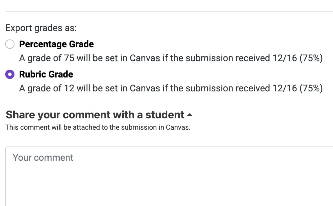 EssayGrader AI Canvas rubric score export showing option to send rubric scores or percentage grades