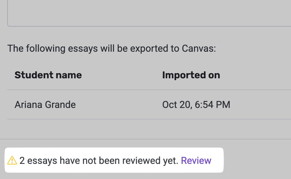 EssayGrader AI essay review status summary showing progress tracking before LMS export