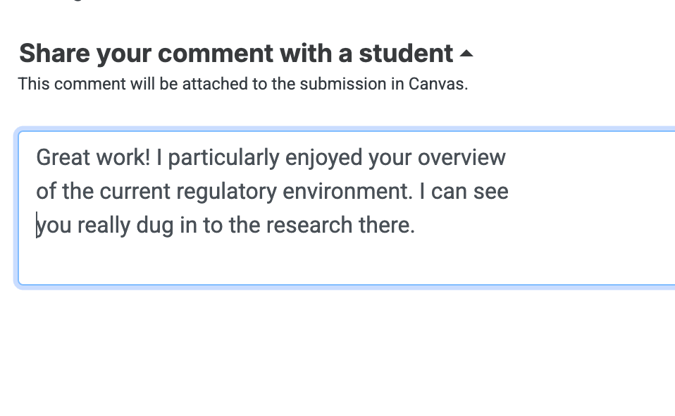 EssayGrader AI Canvas export showing custom comment option for personalized student feedback