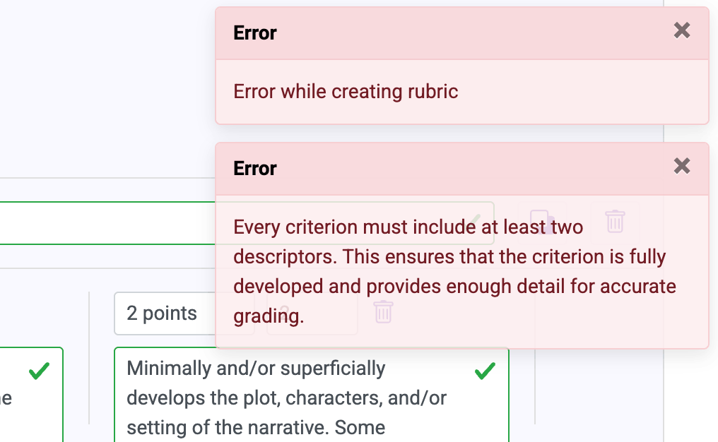 EssayGrader AI rubric validation check requiring minimum criteria descriptors for accurate grading