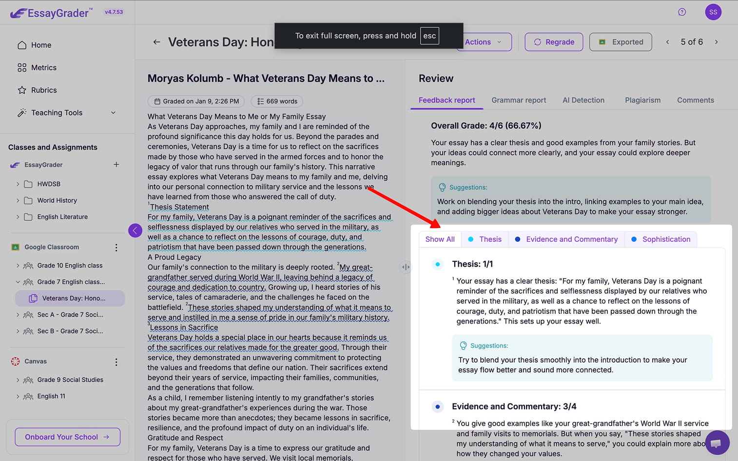 EssayGrader AI feedback report showing rubric criteria displayed as individual tab for focused grading review