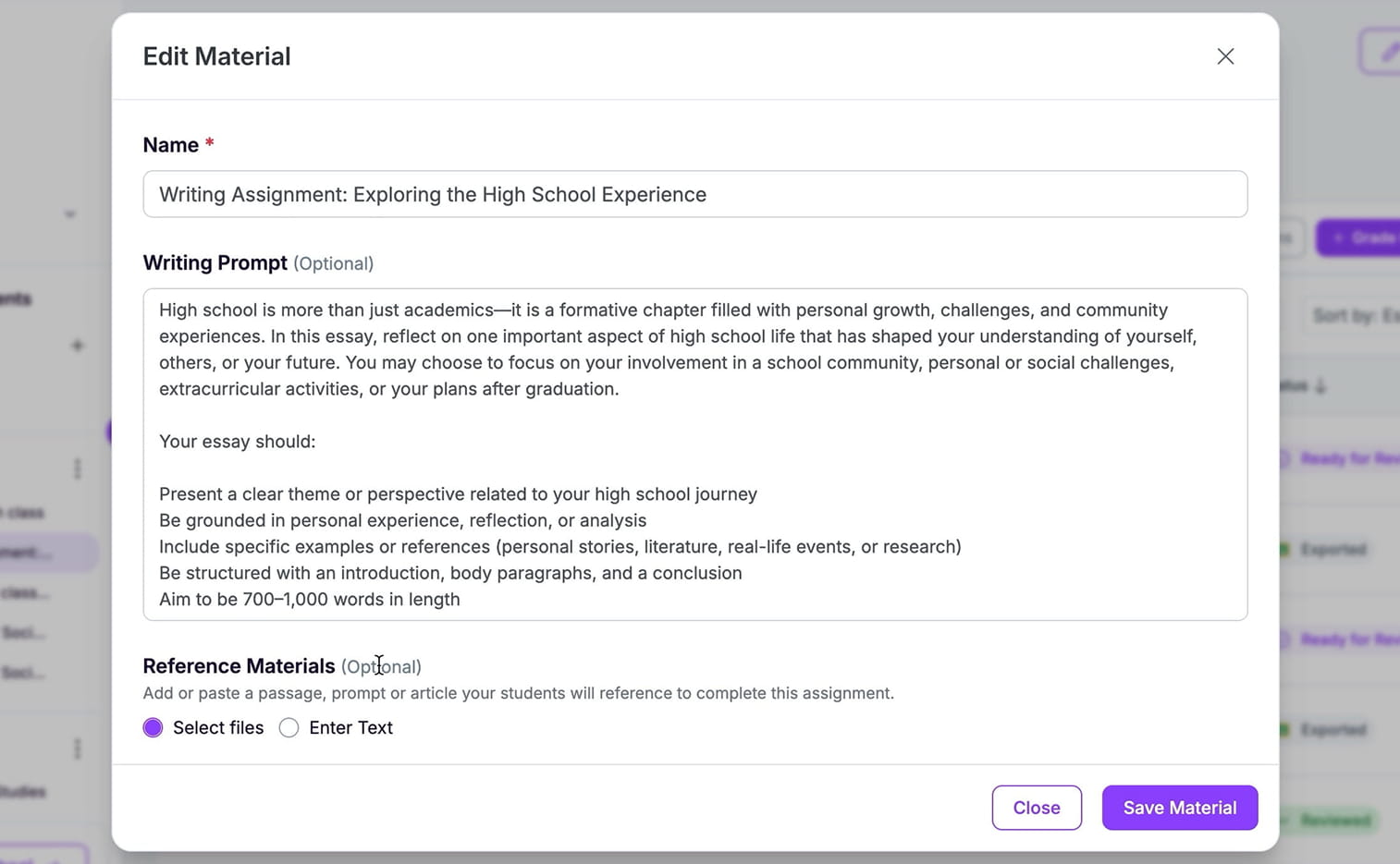 EssayGrader AI writing prompts and reference materials management interface within grading flow