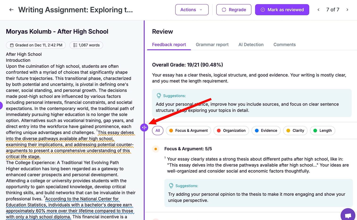 EssayGrader AI feedback report showing resizable split view divider between student writing and feedback