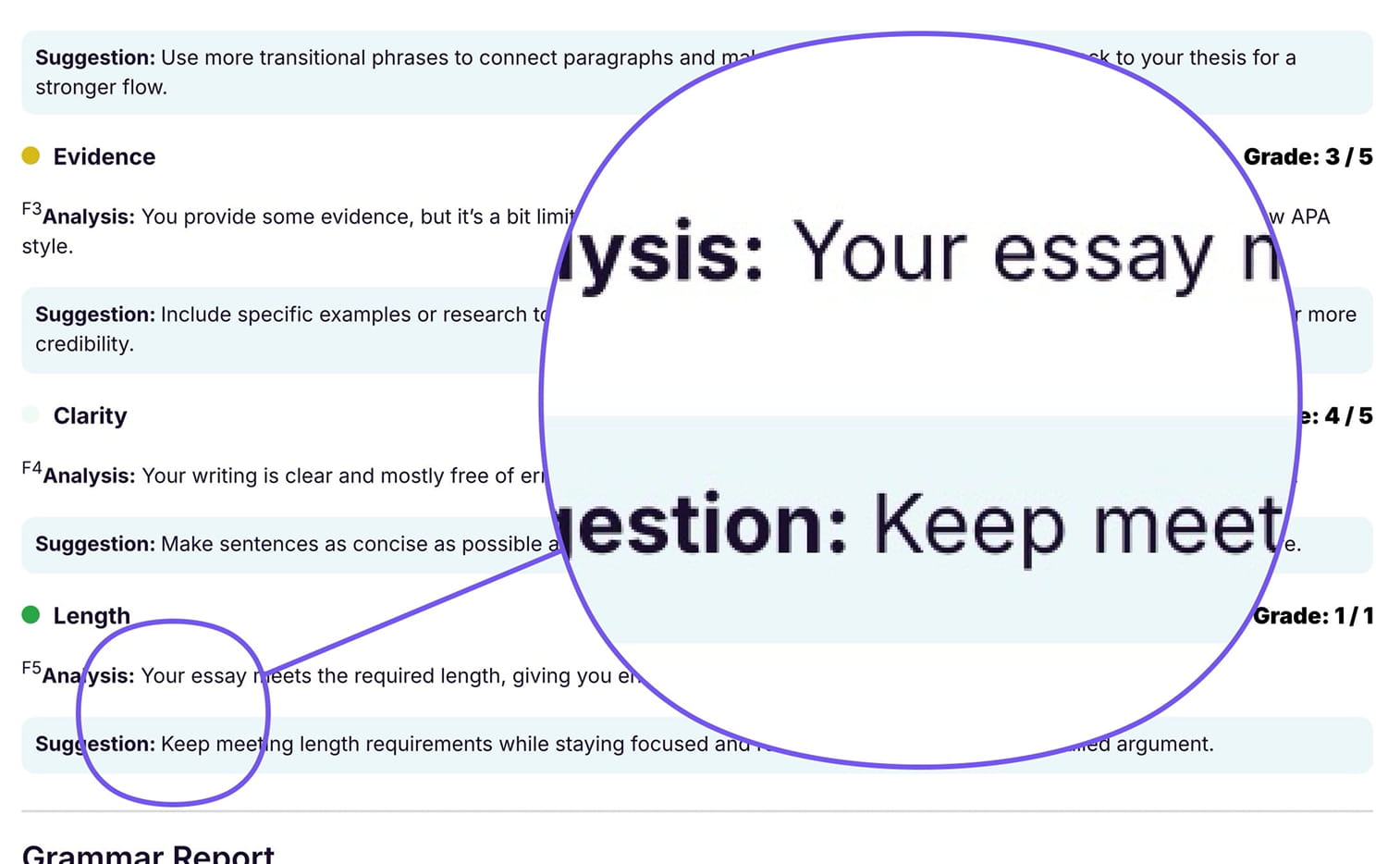 EssayGrader AI exported feedback report showing increased font size for improved student and parent readability