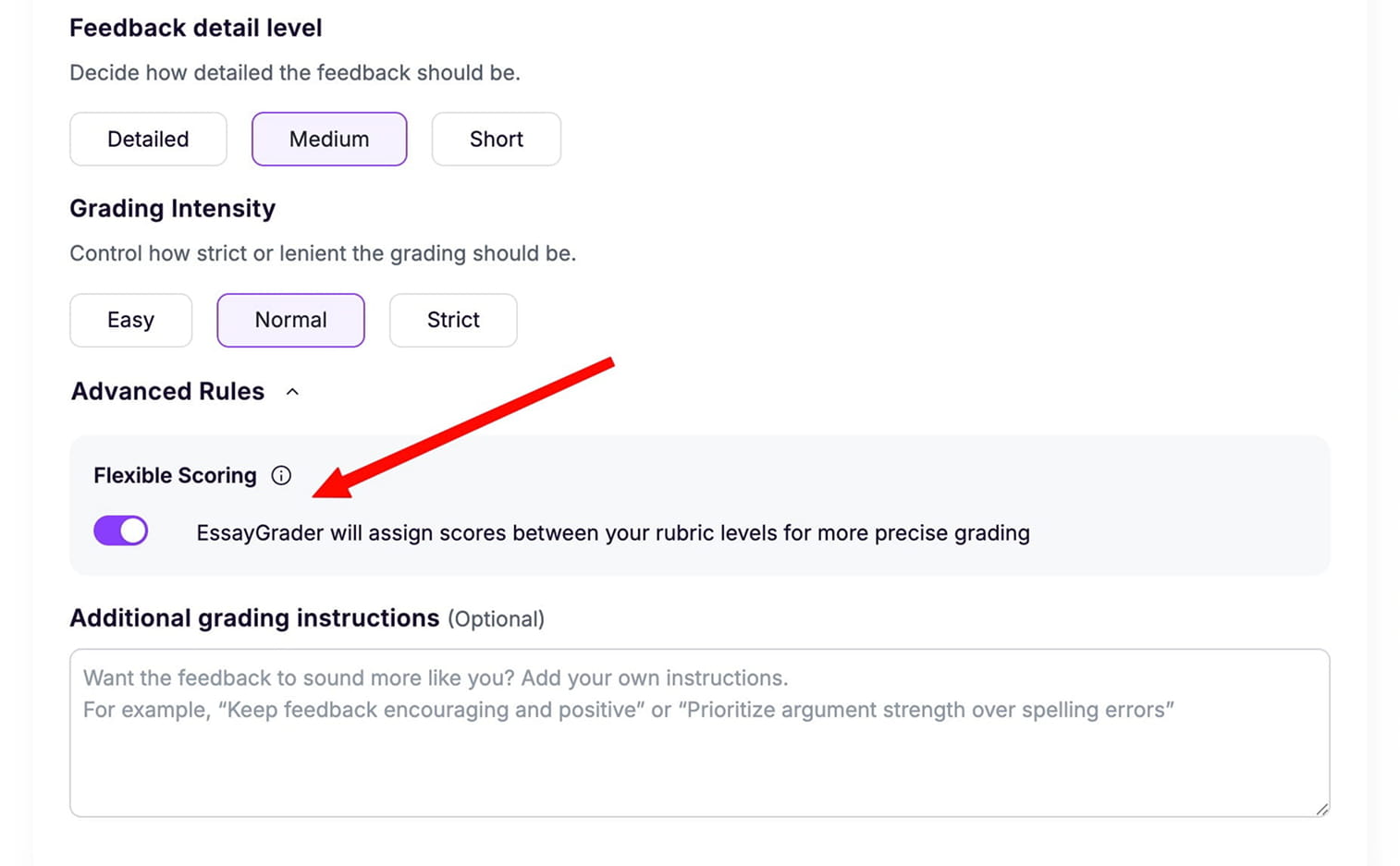 EssayGrader AI flexible scoring feature allowing in-between scores for more precise grading