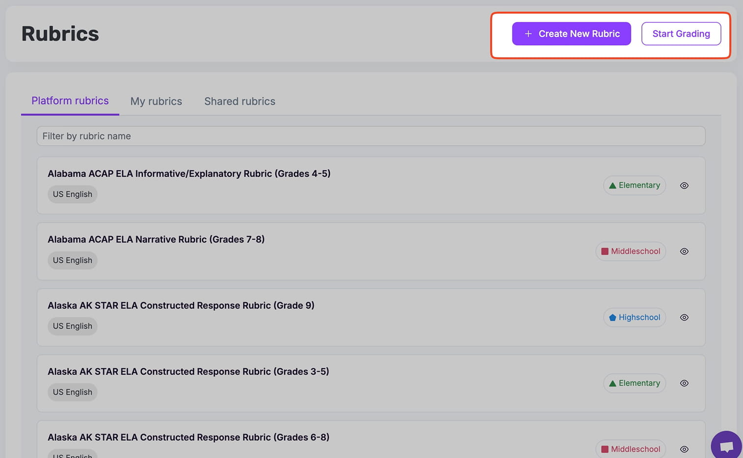 EssayGrader AI rubrics library showing start grading button for immediate assignment creation