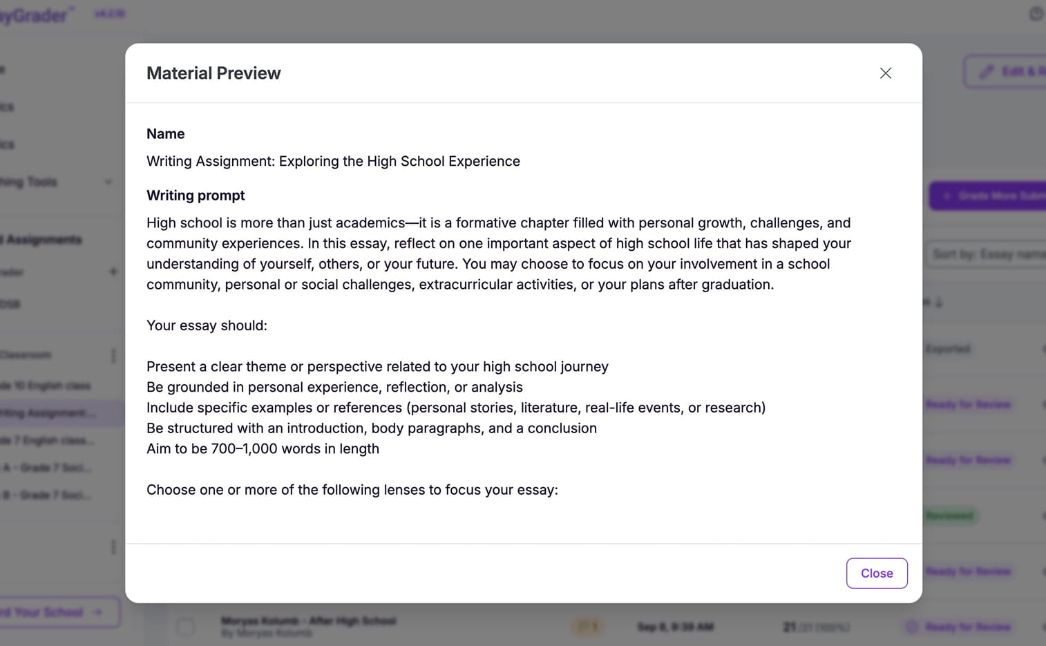 EssayGrader AI essays list showing instant writing prompt preview from the dashboard