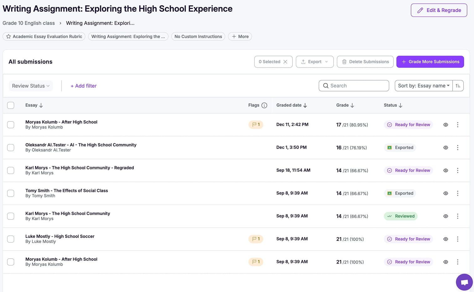 EssayGrader AI improved essay navigation showing refined filters and folder navigation