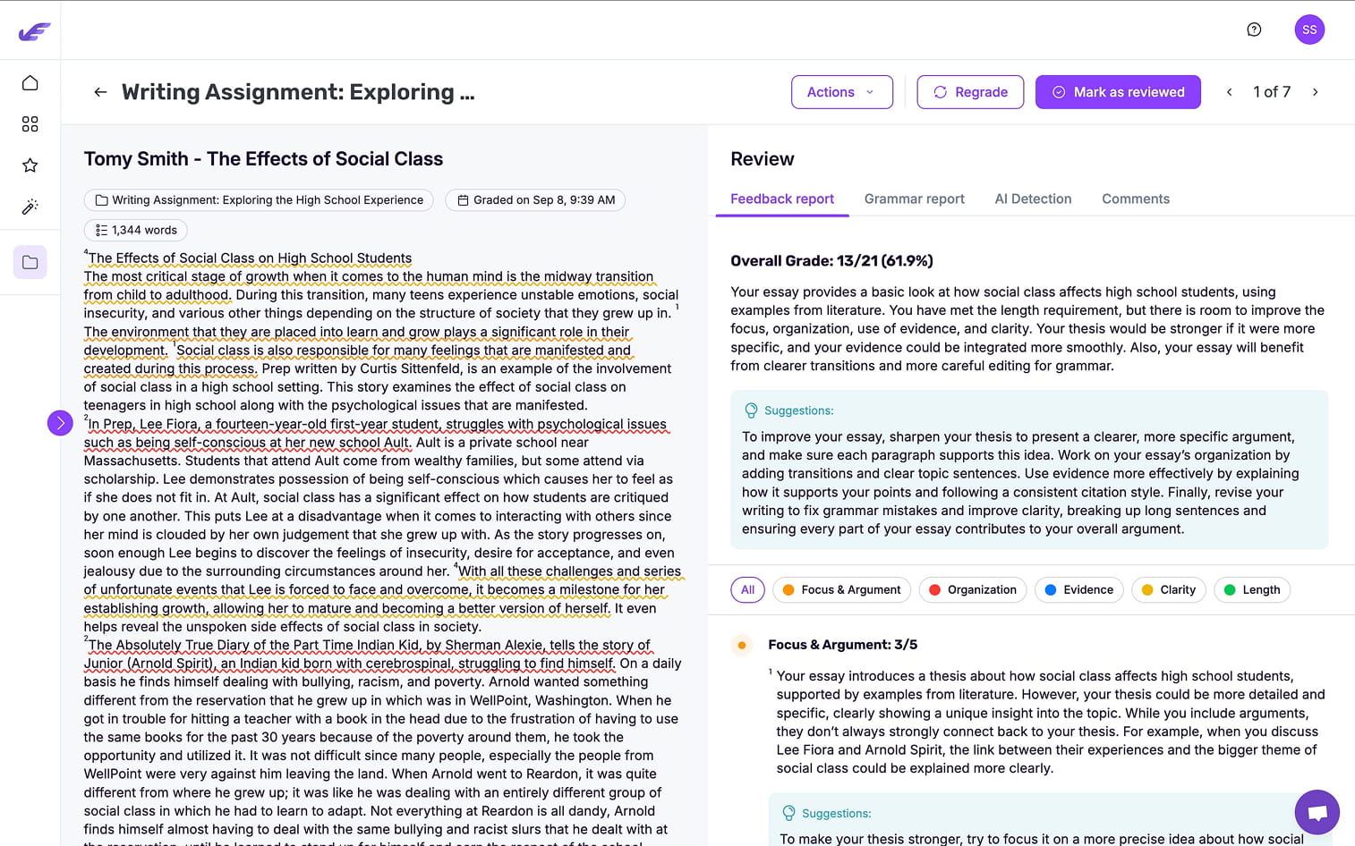 EssayGrader AI enhanced feedback report with clearer headings and specific student improvement suggestions