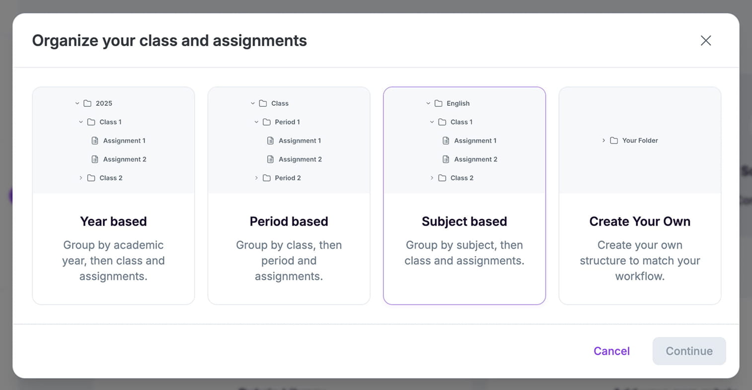 EssayGrader AI folders feature showing organized classes, assignments, and essays in one place