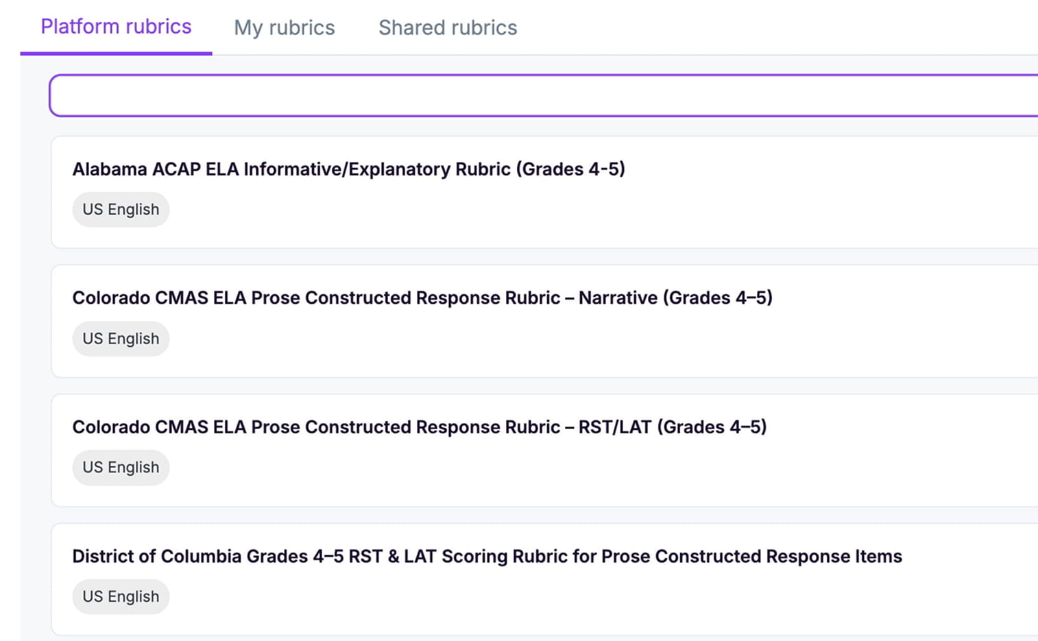EssayGrader AI expanded rubric library with hundreds of standards aligned rubrics searchable by keyword and state