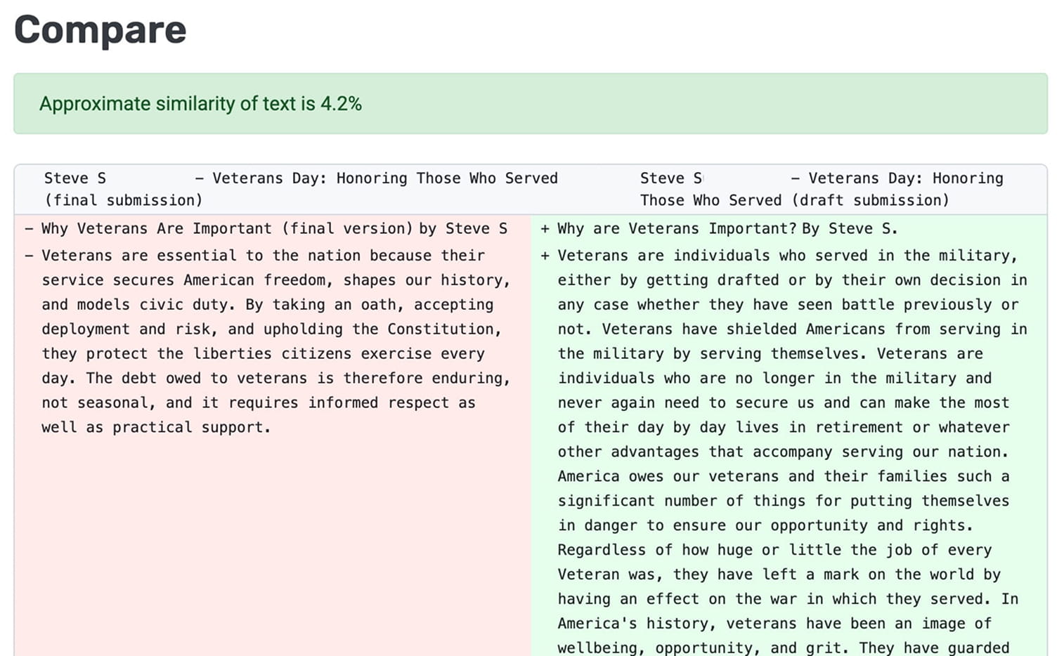 EssayGrader AI side by side essay comparison view for reviewing different versions of the same student submission
