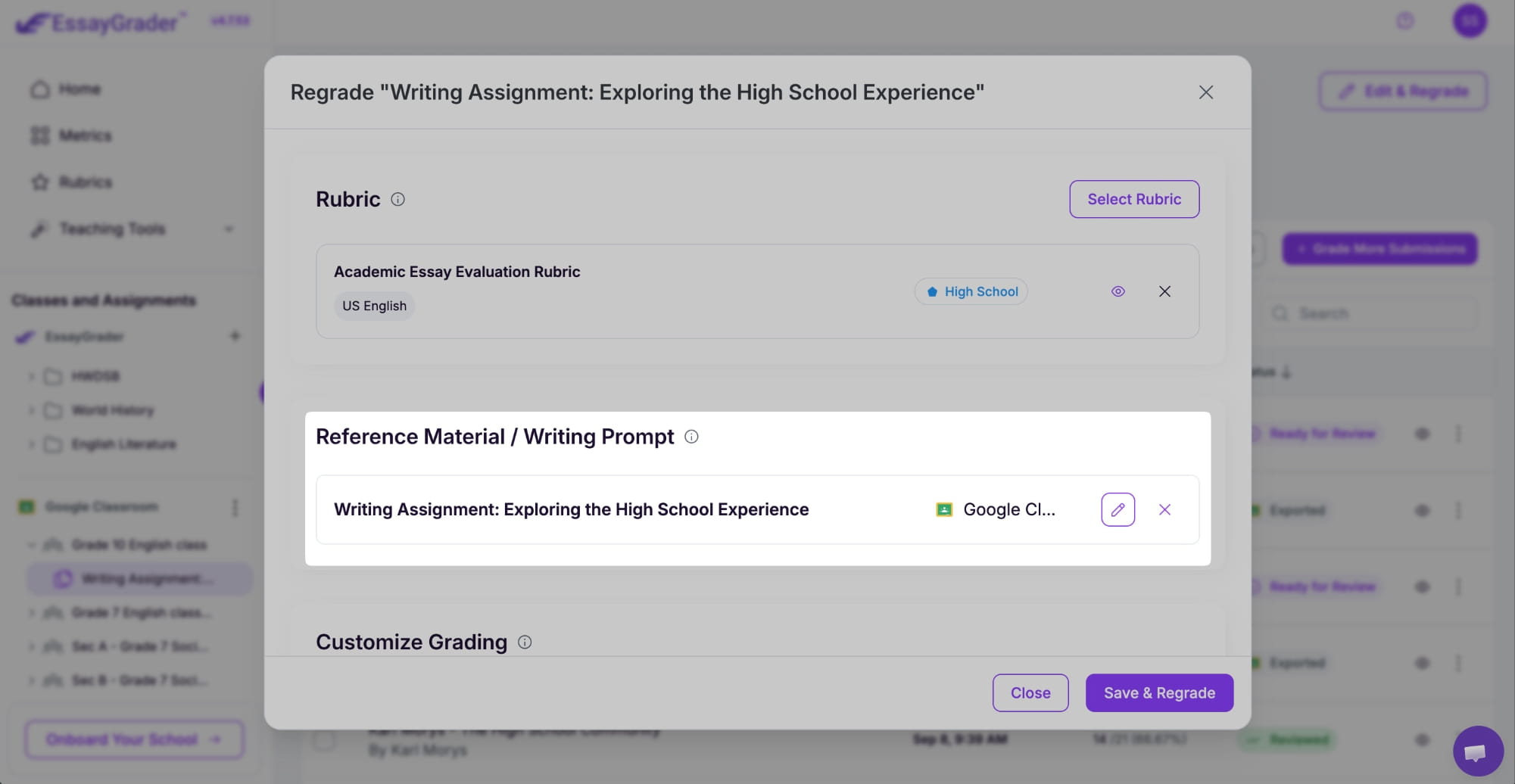 EssayGrader AI regrade modal showing rubric selection, reference writing prompt, and Google Classroom sync for a high school writing assignment
