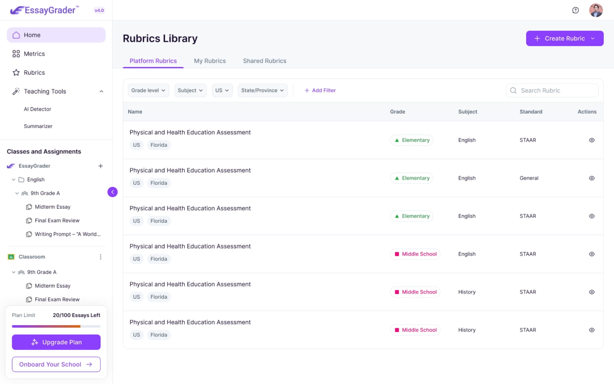 EssayGrader AI rubrics library showing platform rubrics filtered by grade level, subject, and state standard with options to create a new rubric