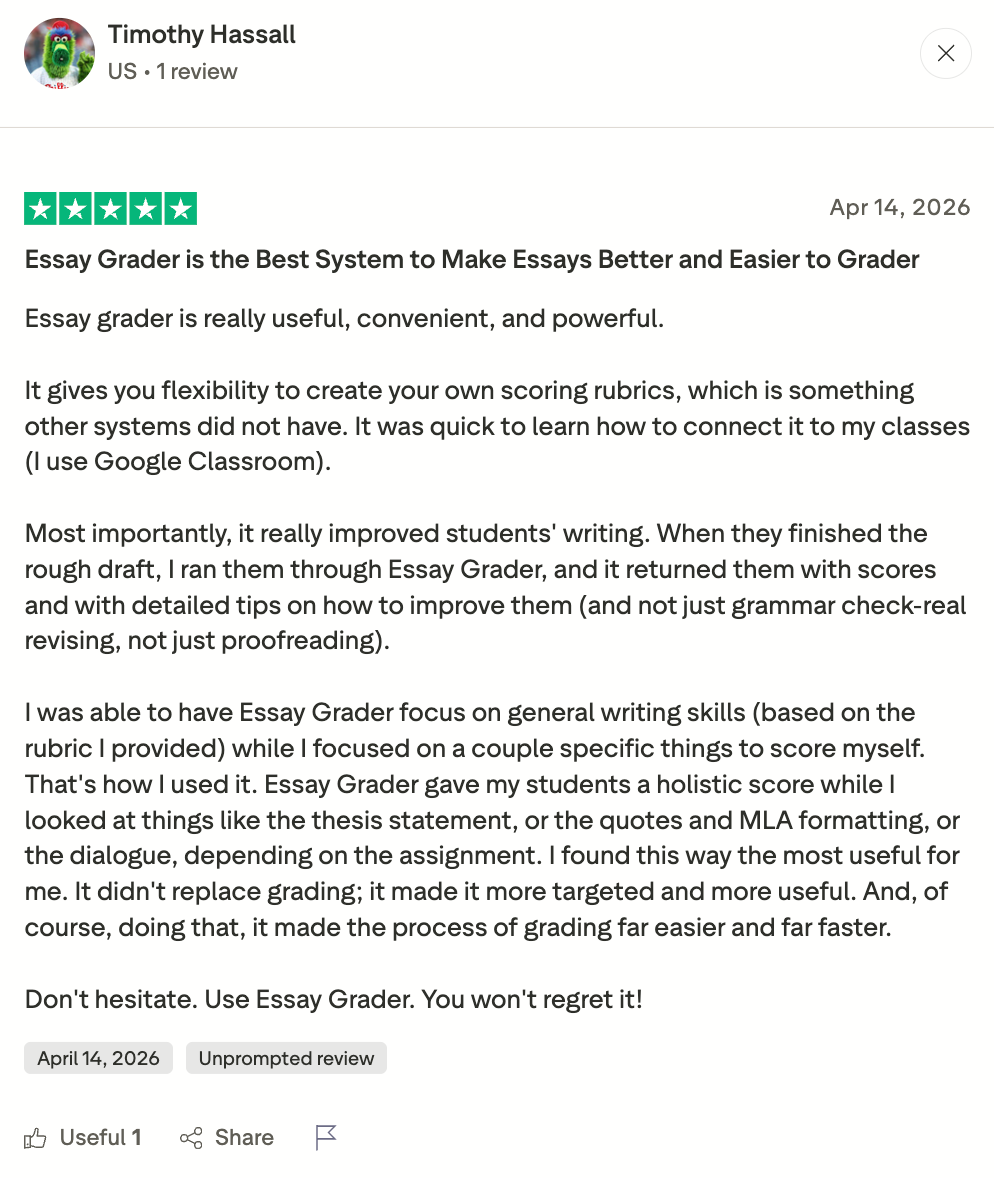 Happy teacher gave EssayGrader AI a positive review on Trustpilot.