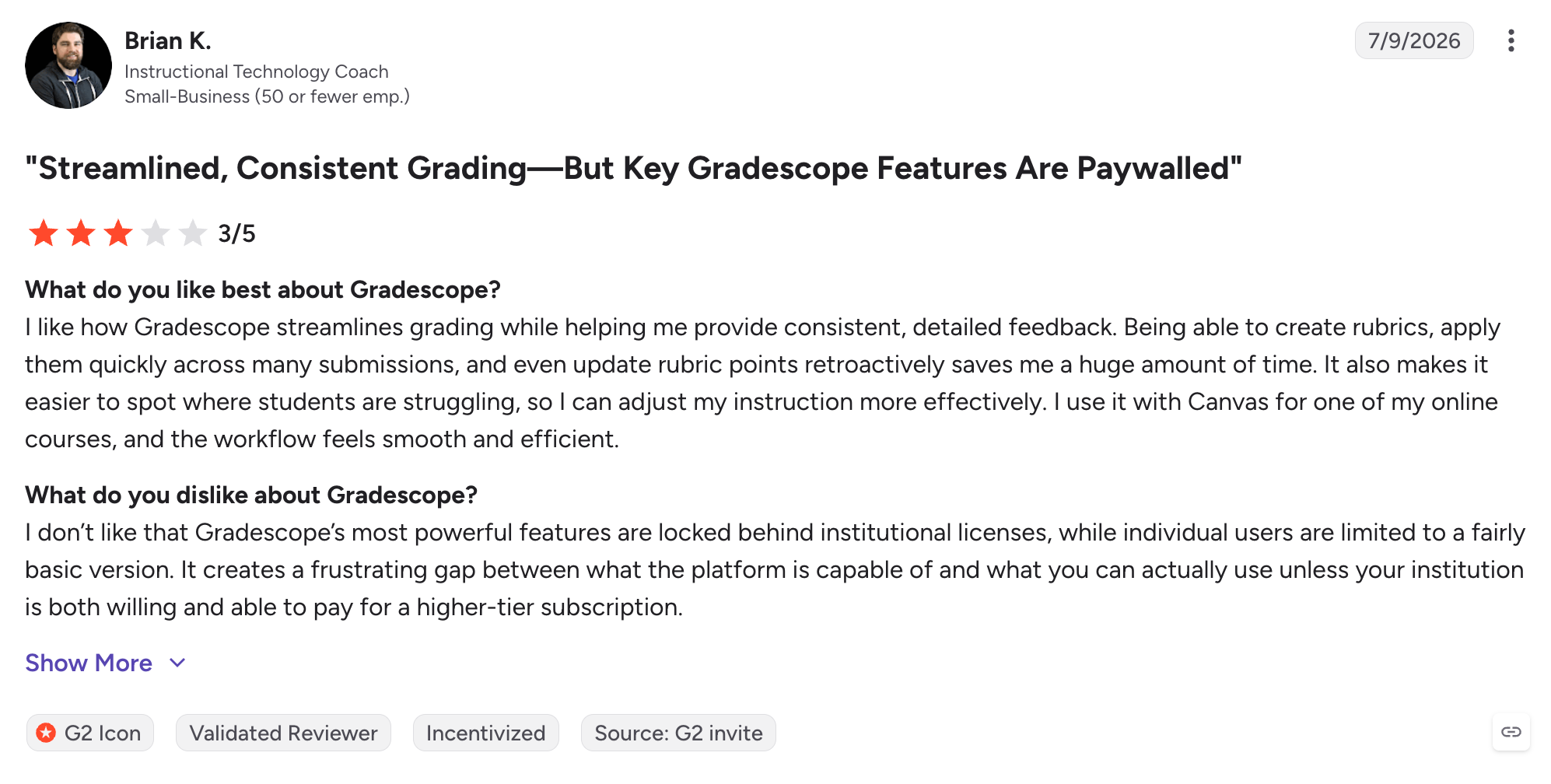 Mixed feeling customer review for GradeScope.