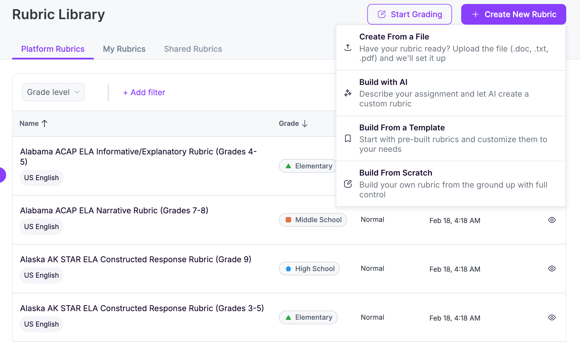 Rubrics library of EssayGrader AI.