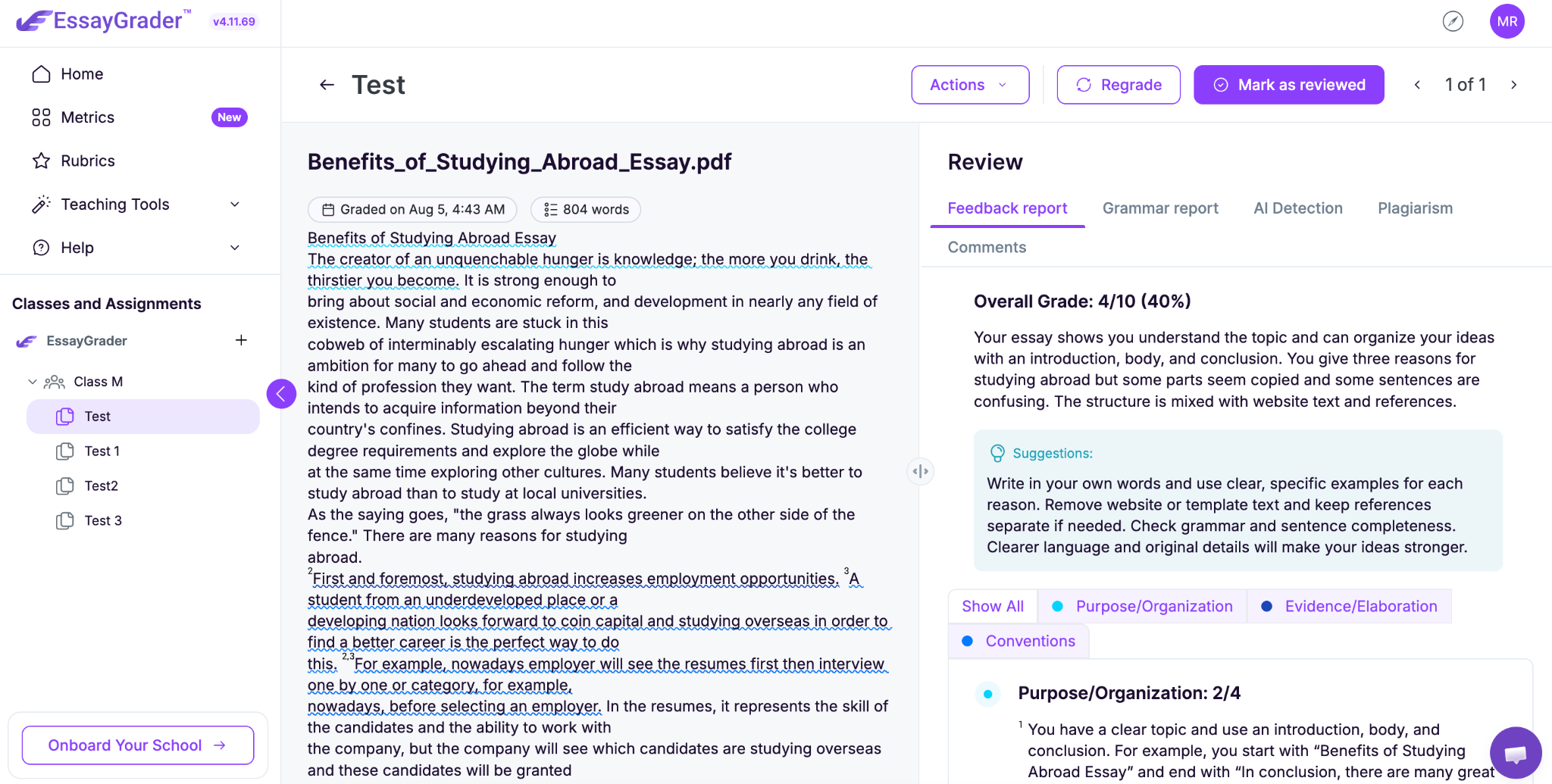 This is how teachers see an assignment or an essay graded by EssayGrader AI.