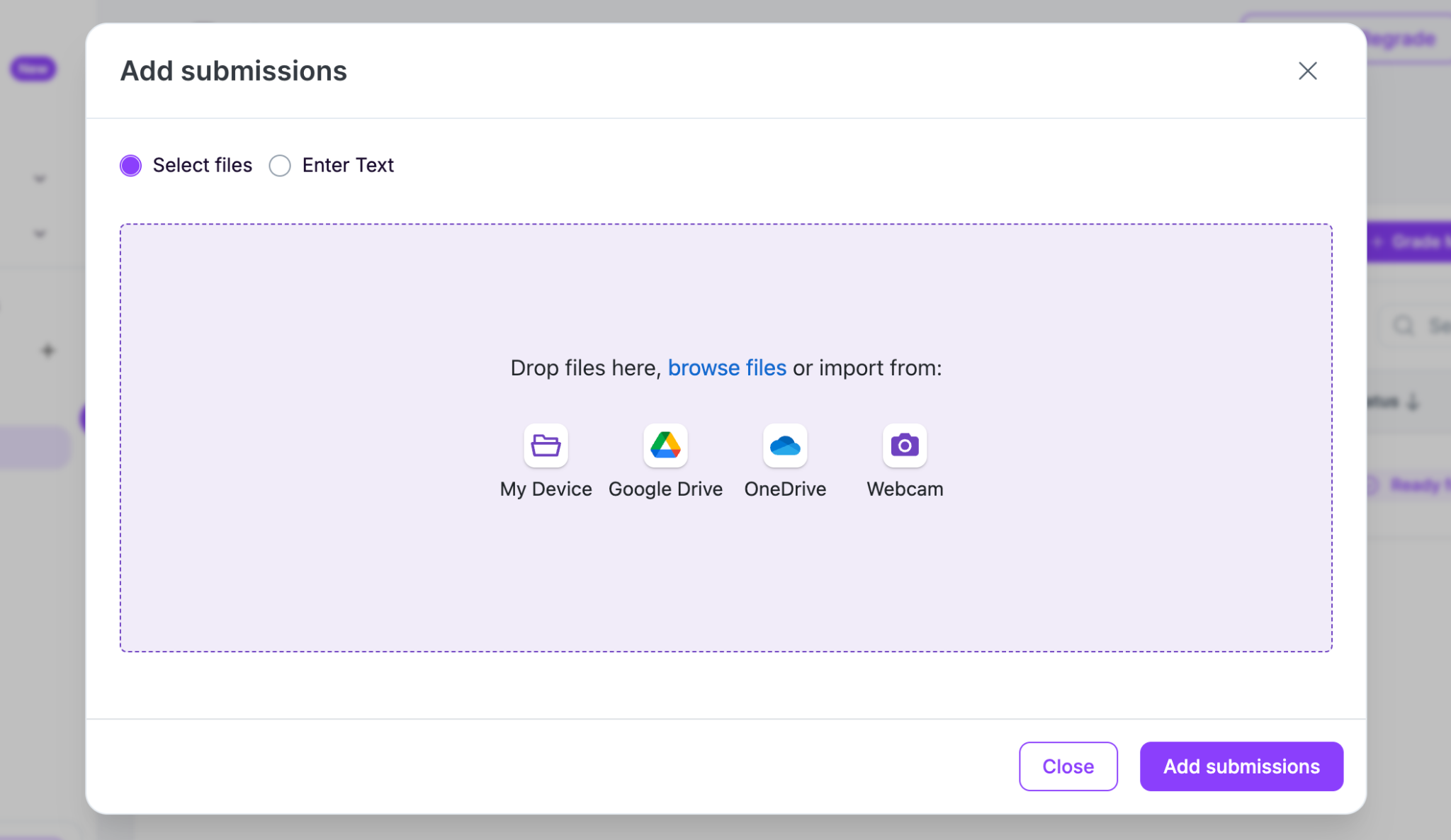 Submission uploading screen in EssayGrader AI.