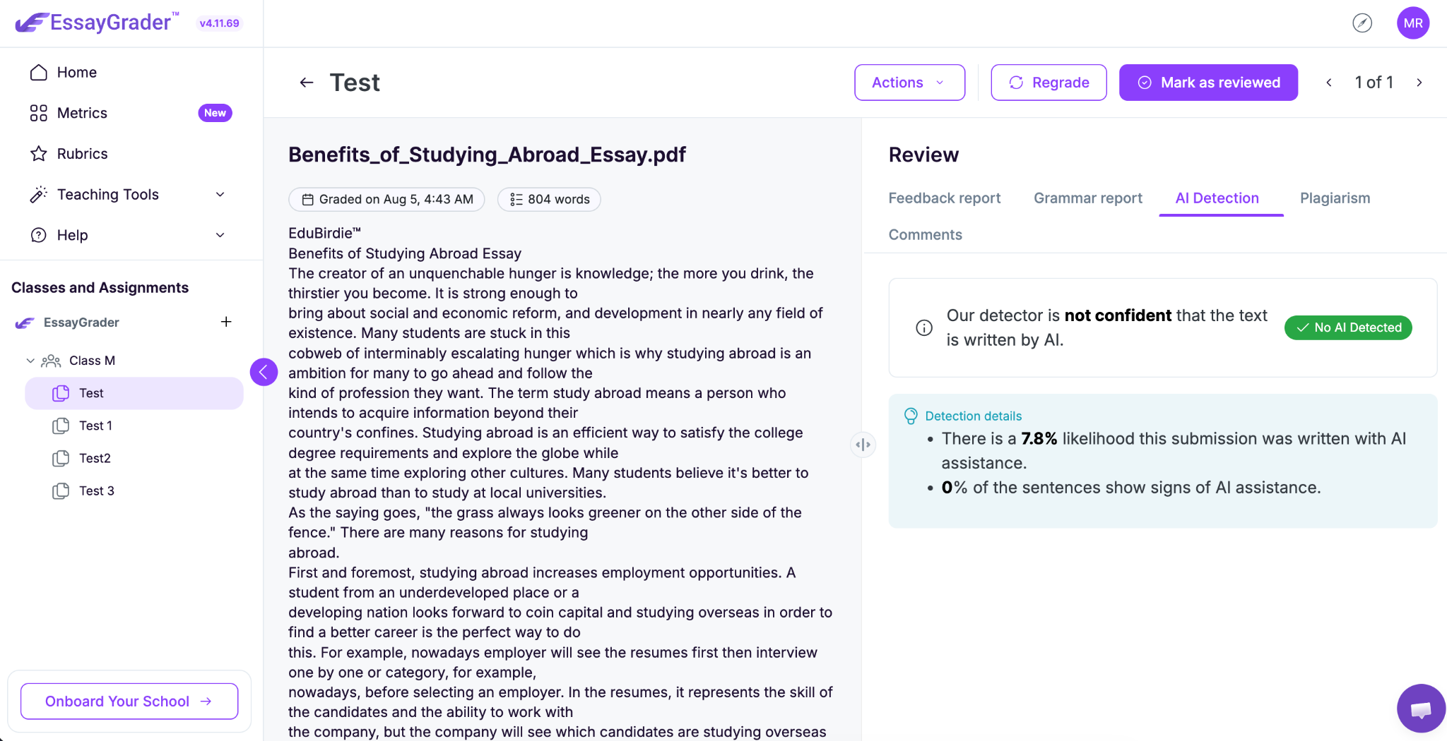 EssayGrader AI shows AI detection and plagiarism scores.