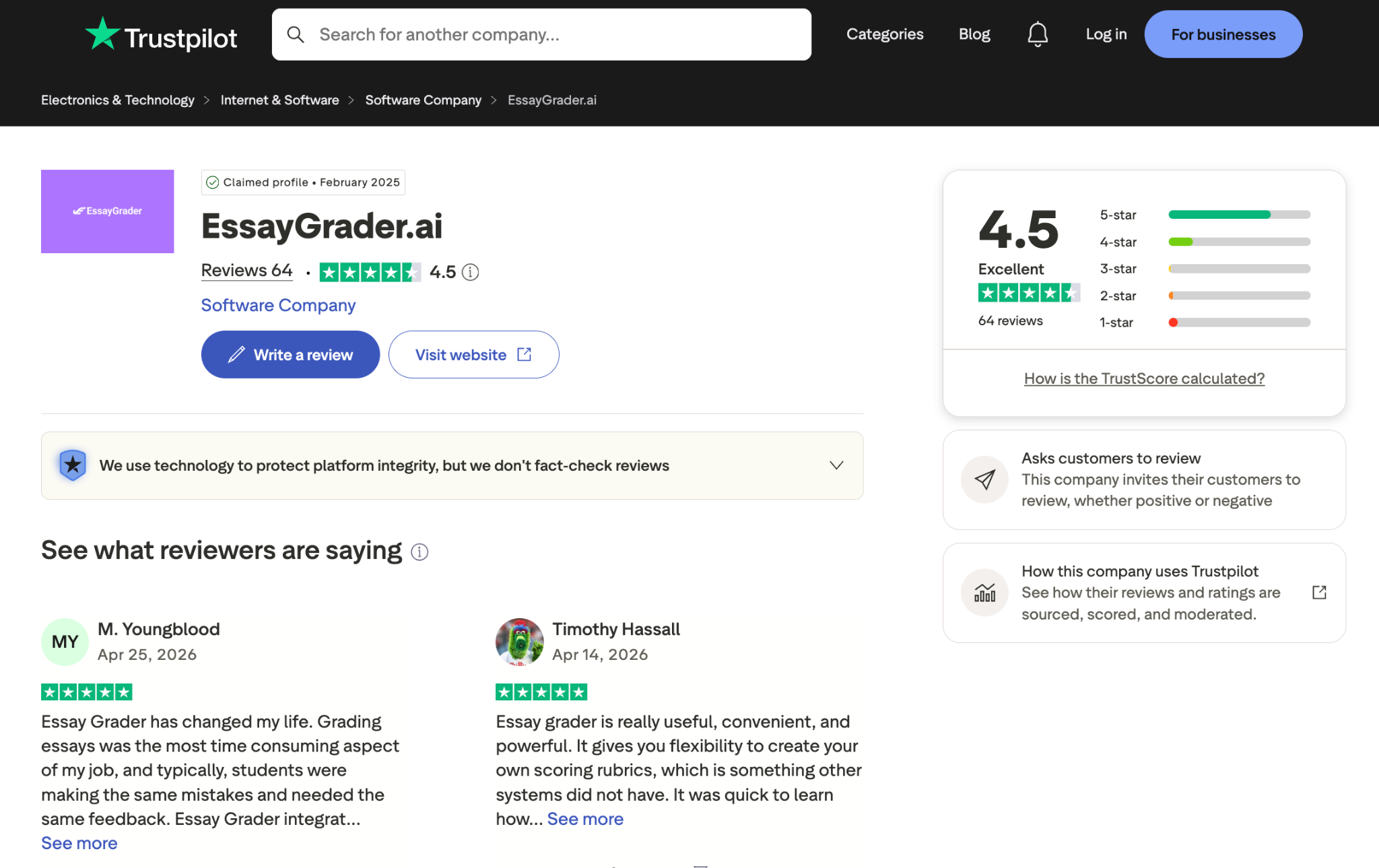 EssayGrader AI's excellent 4.5/5 rating on Trustpilot.