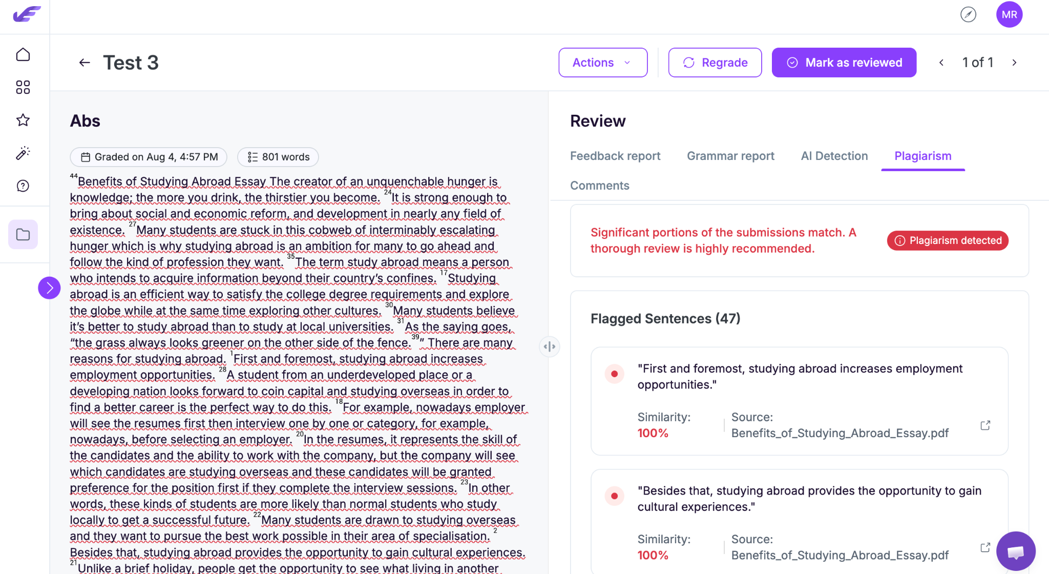 EssayGrader's plagiarism checker correctly detected the plagiarism.