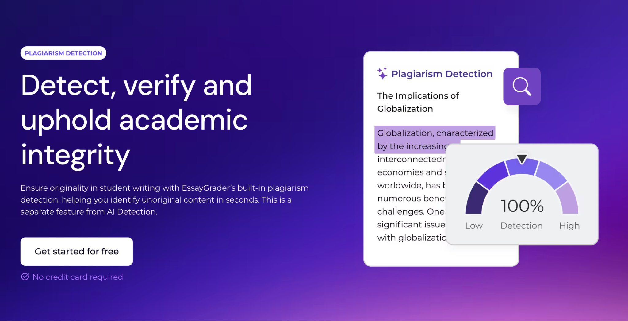 Plagiarism detection page of EssayGrader AI.