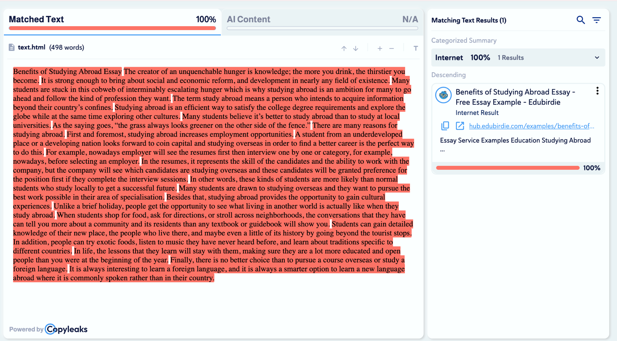 Copyleaks plagarism report.